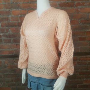 VTG Knitivo Pointelle Knit Sweater Pink Puffy Bishop  Long Sleeves Sz M